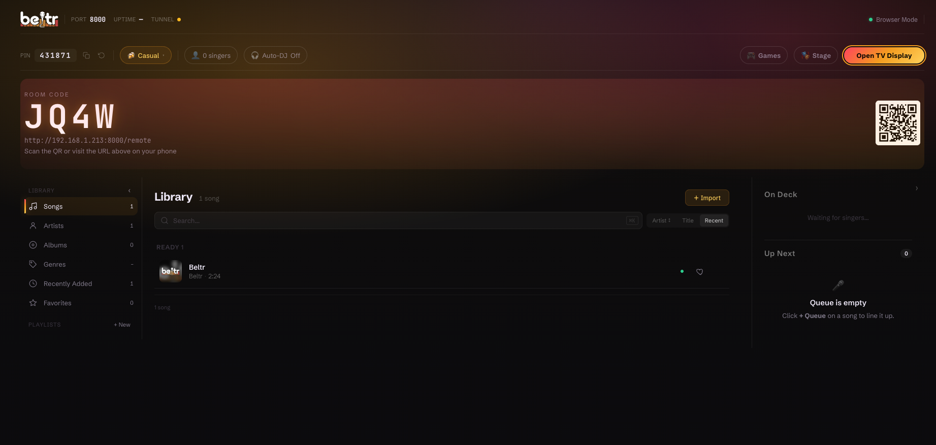 Beltr dashboard &mdash; manage your library, songs, and stems