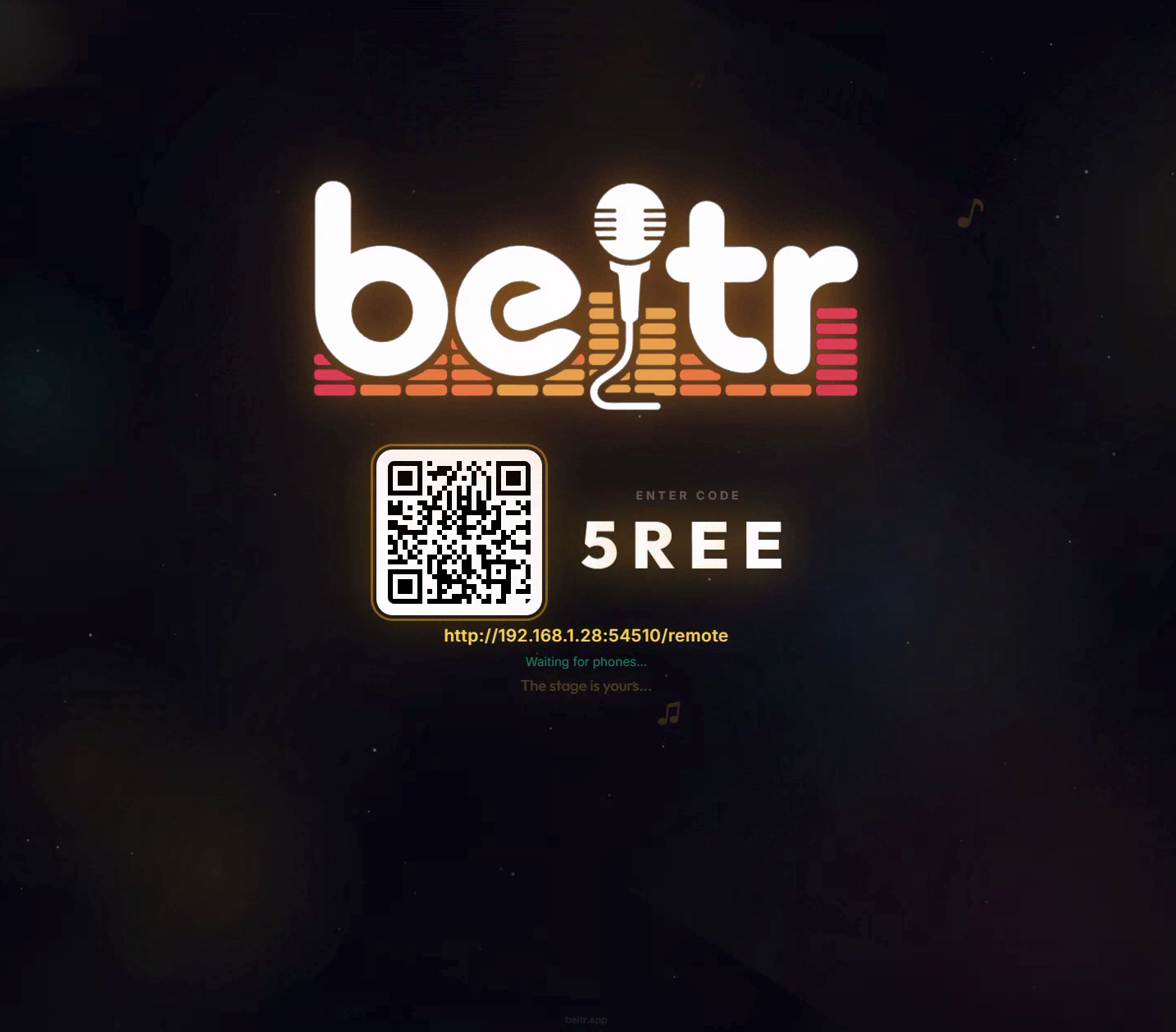 Beltr lobby &mdash; guests scan a QR code and join with a 4-letter room code
