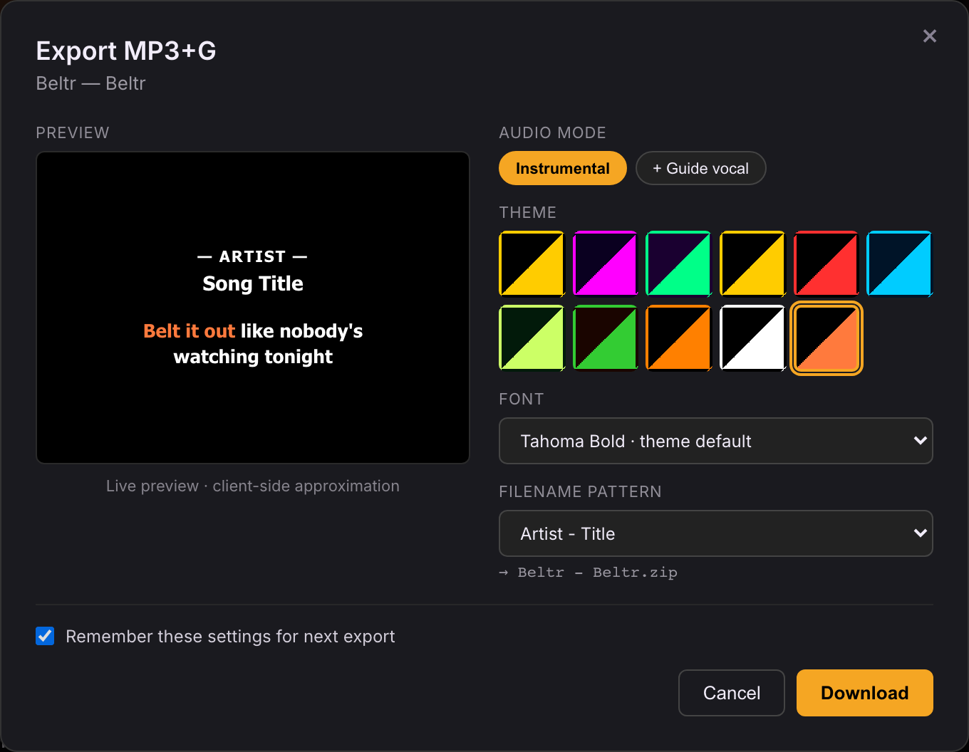 Beltr's MP3+G export screen: a live lyric preview on the left, with theme swatches, audio mode, font, and filename options on the right.