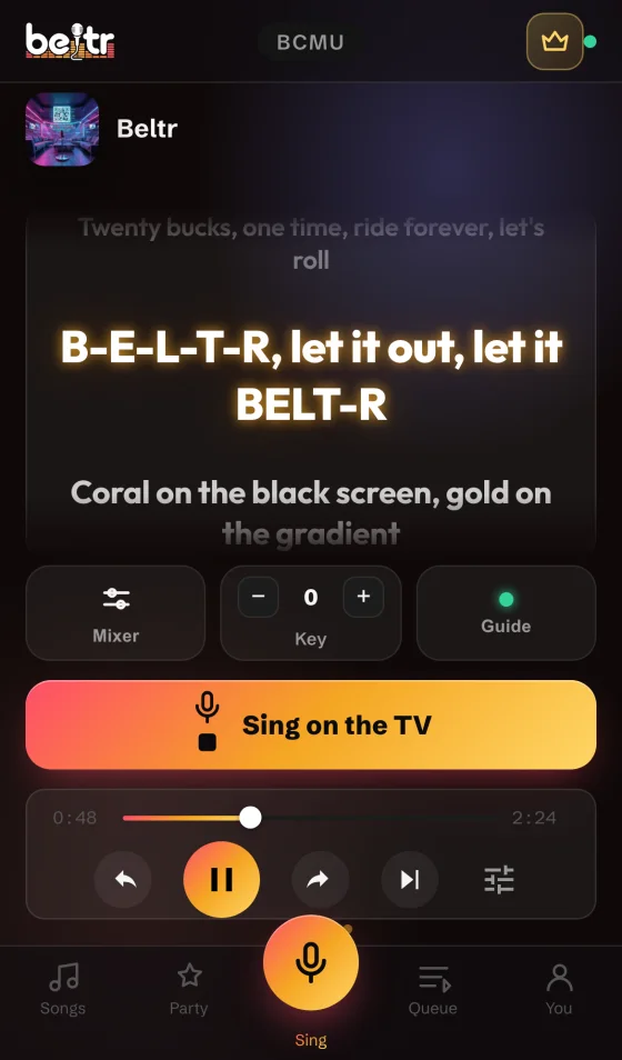Beltr phone remote showing synced lyrics while you sing