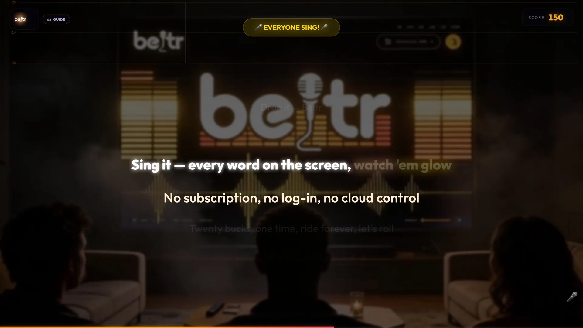 Synced karaoke lyrics glowing on a TV under a stage spotlight