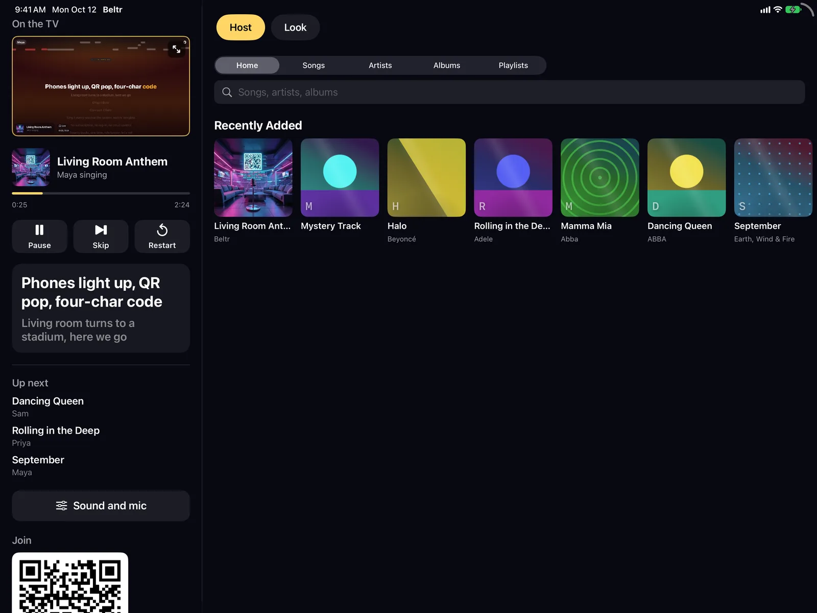 The iPad console in landscape with the Host tab open: the TV preview, now playing, transport, the lyric lines, Up next with three guests, the Sound and mic button, the join QR code and the Recently Added rail.