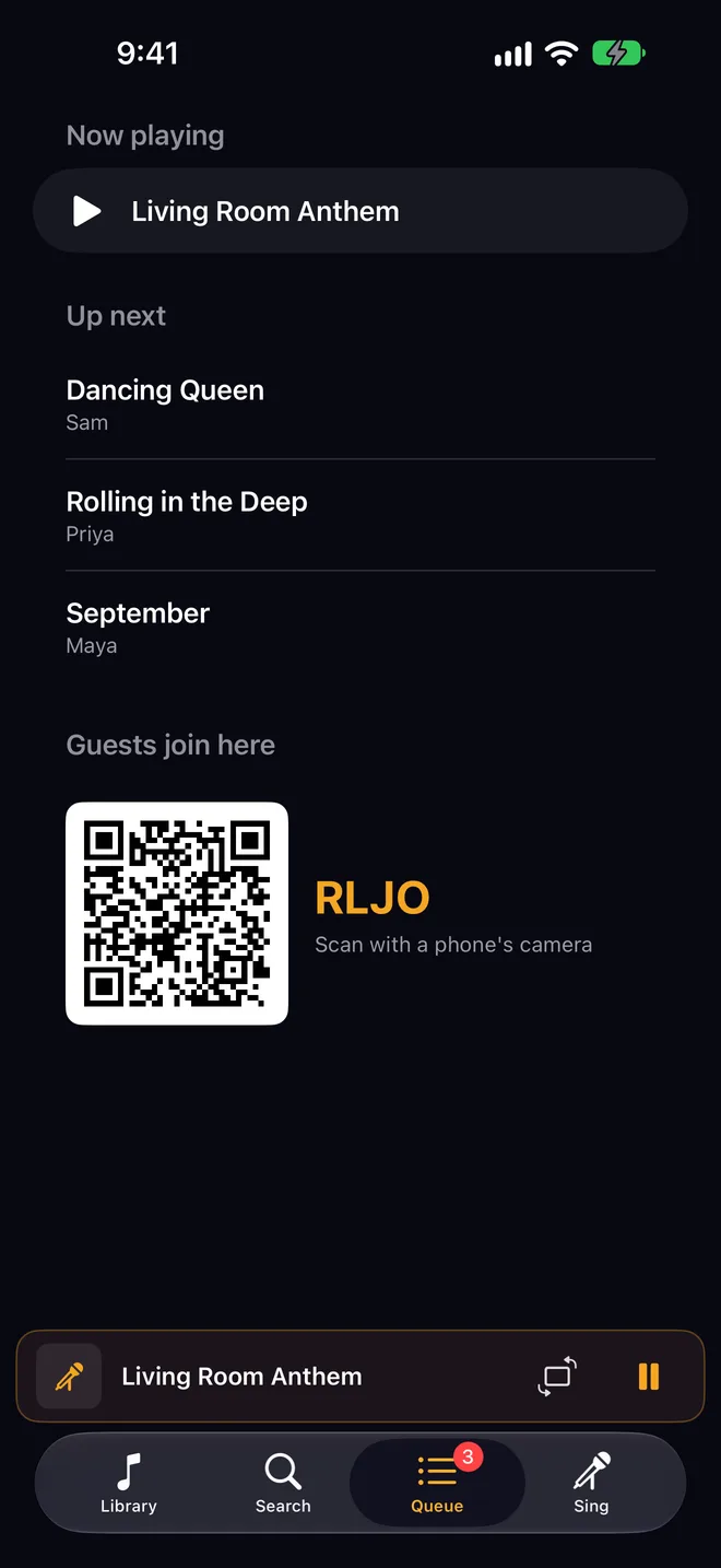 The iPhone Queue tab: now playing, Up next with three guests by name, and the Guests join here QR code with the room code RLJO.