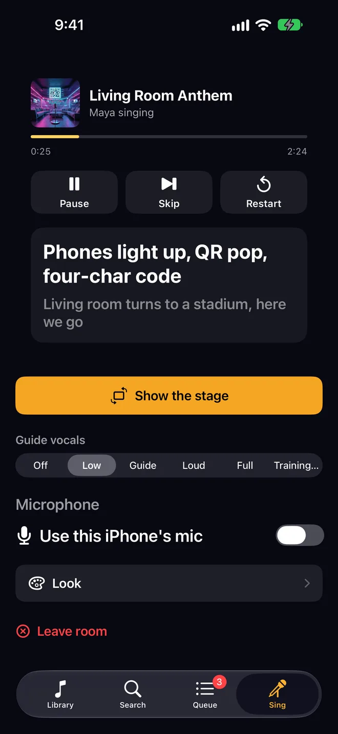 The same song on the iPhone: now playing, pause, skip and restart, the current and next lyric line, guide-vocal presets, the Use this iPhone’s mic switch and Look.