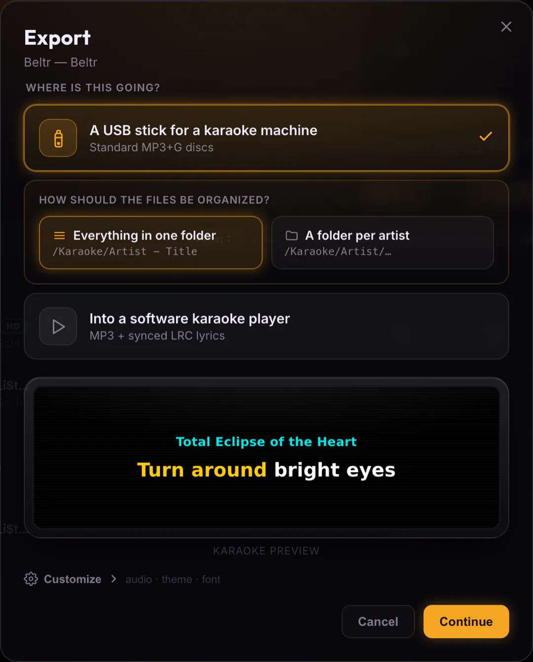 Beltr's export dialog: 'A USB stick for a karaoke machine — standard MP3+G discs,' file-layout options, and a live karaoke lyric preview.