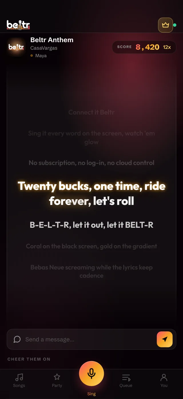 The Beltr Remote app on iPhone — the Sing tab with synced lyrics, a live score and the room chat
