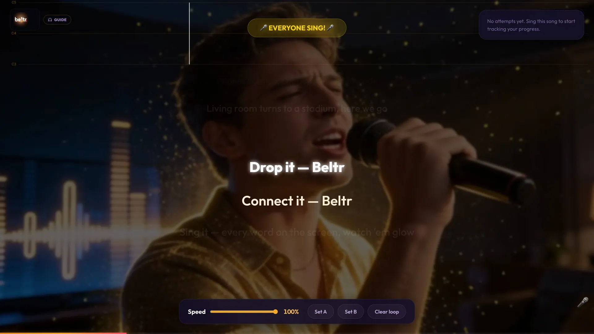 Beltr Practice Mode: a speed slider and A and B loop controls under the lyrics, practicing solo