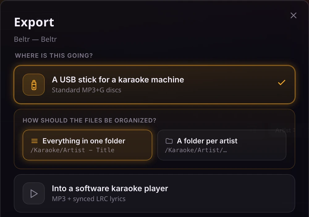 Beltr's export dialog asking where the karaoke files are going: a USB stick for a karaoke machine in standard MP3+G, a folder layout choice, or MP3 plus synced LRC lyrics for a software player