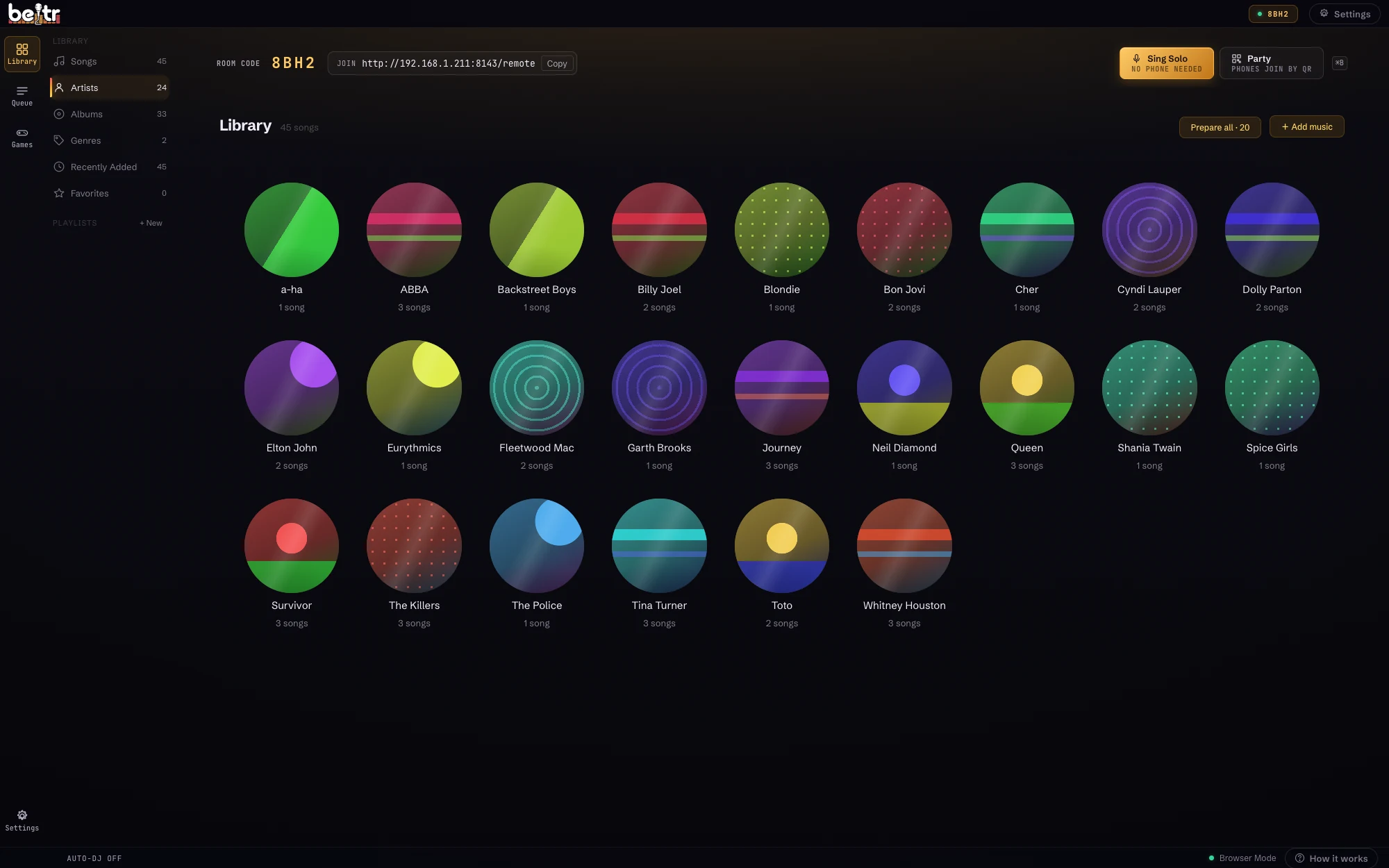 The Beltr library browsed by artist: a wall of artist tiles from a connected music folder, each with a song count, alongside Songs, Albums, Genres and Recently Added in the sidebar