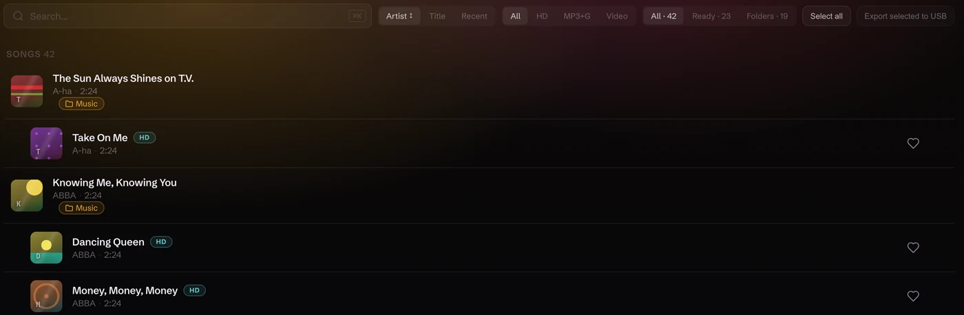 Beltr's library filter bar: All, HD, MP3+G and Video filters over a single combined library, with counts for everything, the prepared tracks, and the connected folders