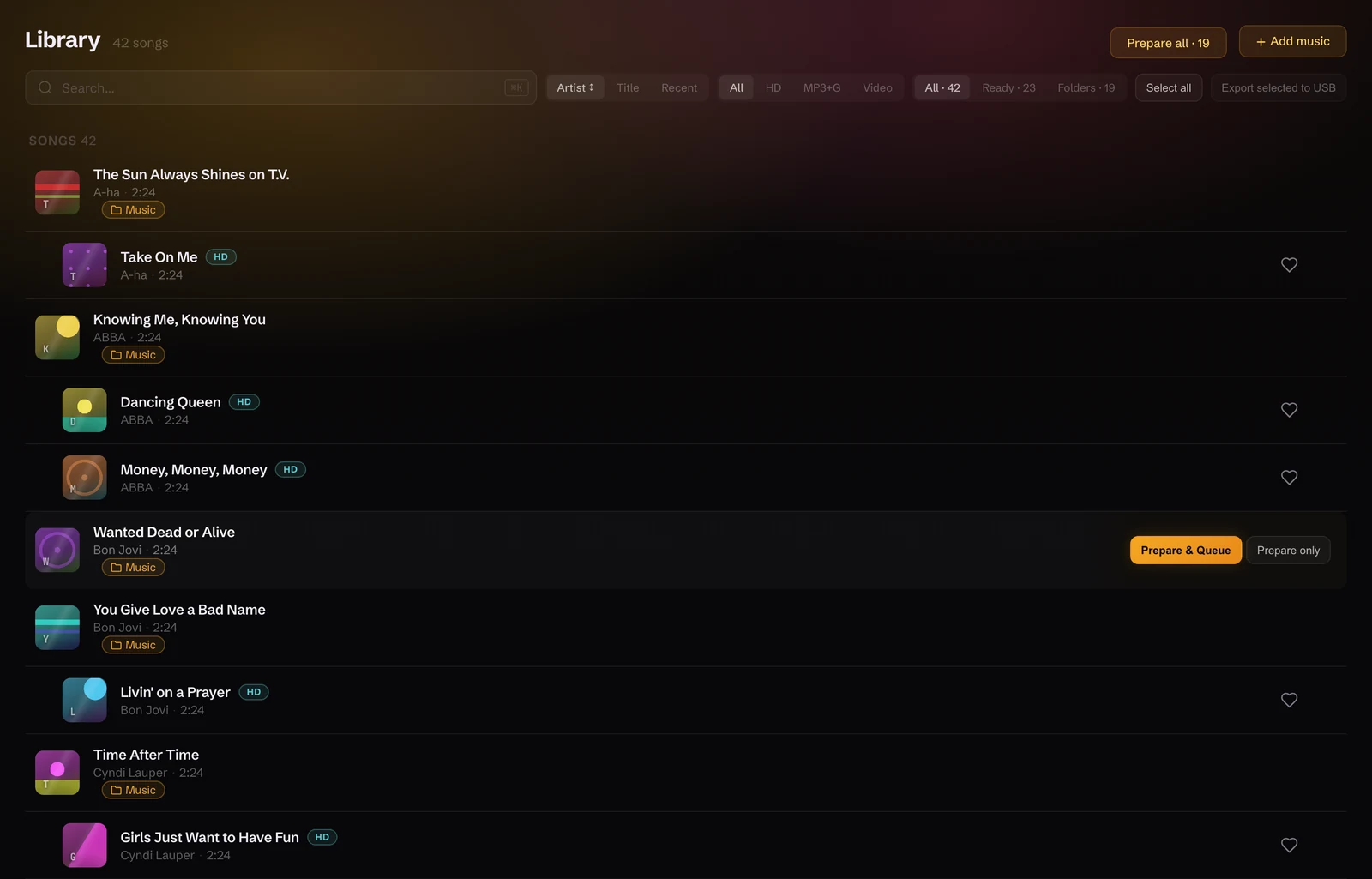 The Beltr library: rows of songs from a connected music folder, each with Play, Practice, Queue and Export actions, and HD badges on the ones already prepared