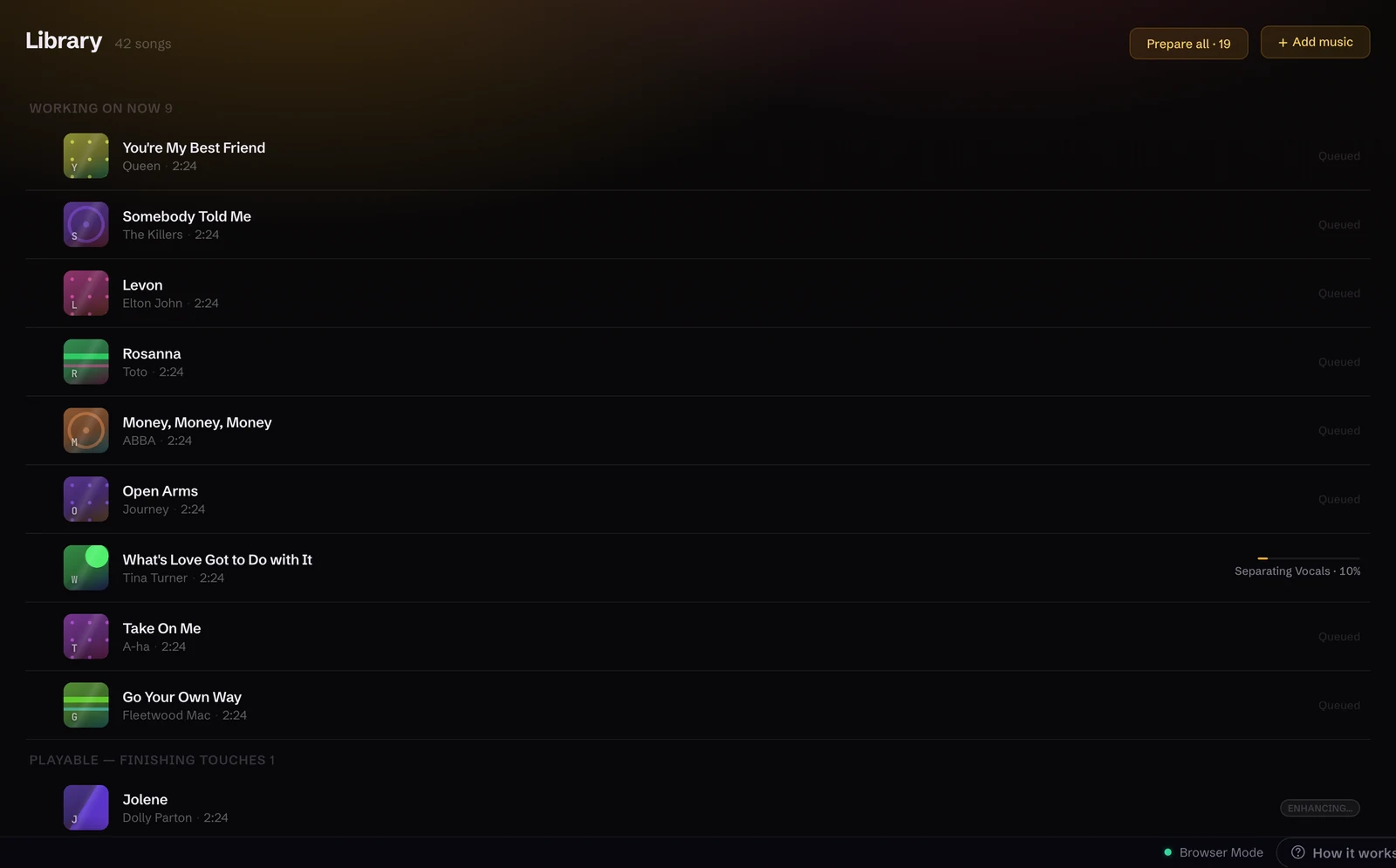 Beltr preparing a batch of songs by itself: a Working on now list with Separating Vocals progress, songs queued behind it, and one already marked playable while it finishes