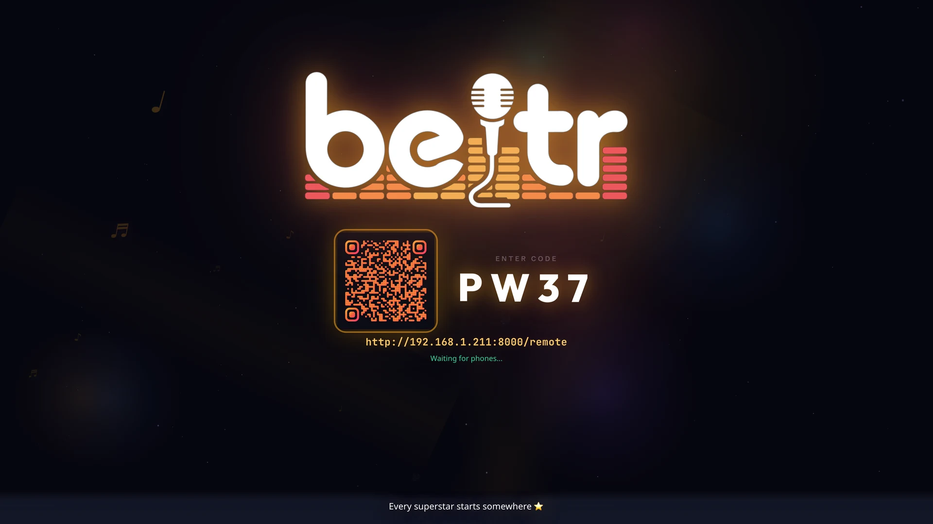 The Beltr TV lobby: the Beltr wordmark over a living-room scene, a branded QR code, a four-character room code, and a waiting-for-phones message